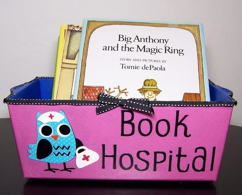 Turn a tub into a “book hospital.” | 35 Cheap And Ingenious Ways To Have The Best Classroom Ever Book Hospital, Owl Theme Classroom, Owl Classroom, Classroom Organisation, Library Displays, New Classroom, Teacher Organization, Classroom Library, Classroom Setup