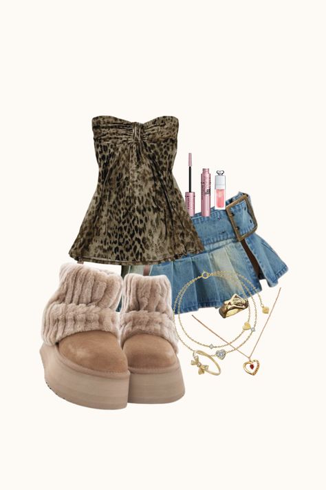 outfit inspo, outfit ideas, outfit, clothes, dream clothes, fashion inspo, fashion outfits, spring outfit, summer fits, fall outfits, winter outfits, summer outfits 2024, pretty outfits, chic outfits, vintage, clean girl, y2k, aesthetic, y2k outfits, denim skirt, mini denim skirt, skirt with belt, sherpa uggs, leopard print top, gold jewellery, heart necklace, bow ring, girly summer outfits, outfit ideas for school, discover style ideas, birthday outfit, everyday outfits, vacation outfits, cute Leopard Print Mini Skirt Outfit Winter, Mini Skirt And Uggs Outfit, Ugg Sherpa Boots Outfit, Sequin Uggs Outfit, Sherpa Uggs Outfit, Sherpa Boots Outfit, Sherpa Uggs, Leopard Print Top Outfit, Mini Skirt Outfit Winter