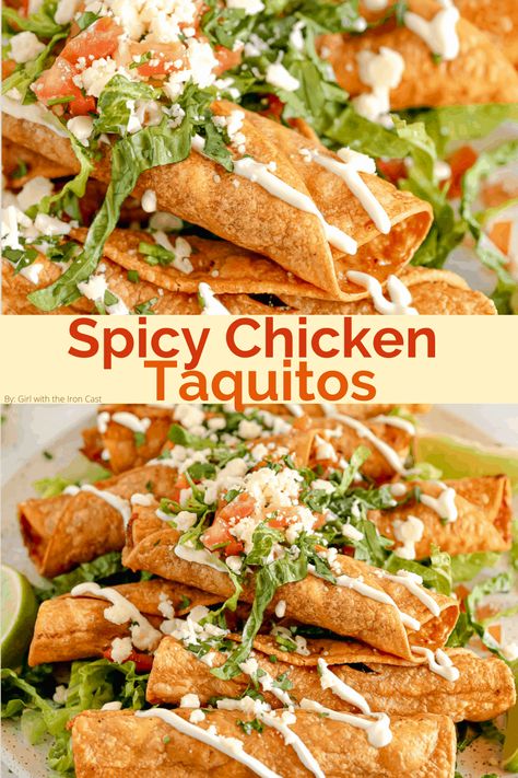 These easy spicy chicken taquitos are filled with spicy shredded chicken, melty cheese, rolled in corn tortillas, and fried or baked to golden brown perfection. These spicy chicken taquitos are the perfect dinner or appetizer for entertaining. Spicy Chicken Tacos Recipes, Spicy Chicken Taquitos, Rolled Tacos Recipe, Rolled Chicken Tacos, Spicy Shredded Chicken, Spicy Chicken Tacos, Veggie Salad Recipes, Taquitos Recipe, Spicy Chicken Recipes