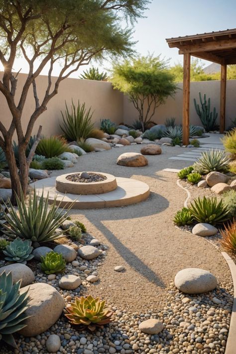 Diy Yard Planters, Front Yard Lounge Ideas, Simple Backyard Makeover, Dessert Yard Landscape, Desert Courtyard Landscaping, Concrete Front Yard Ideas, Beautiful Small Backyards, Dry Landscape Ideas, Arizona Small Backyard Ideas