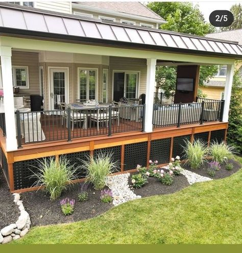 Backyard Patio Length Of House, Side Porch Ideas, Mobile Home Landscaping, Manufactured Home Porch, Ipe Deck, Mobile Home Exteriors, Deck And Patio, Covered Patio Design, Porch Remodel