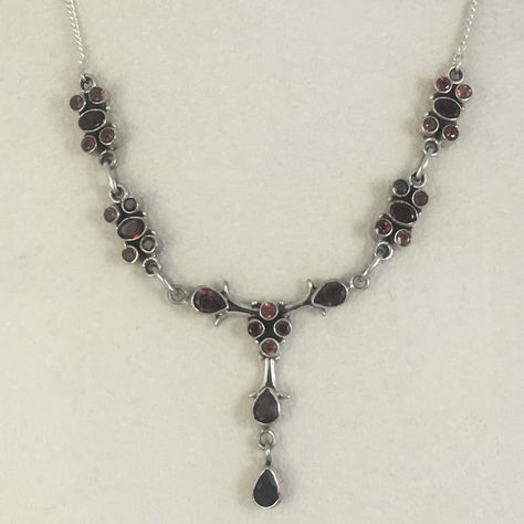 This Beautifully Sweet Sterling Silver Natural Garnet Necklace Has A Mixture Of Round, Oval, And Pear Shaped Garnets. Fun Fact: Garnet Is The Birthstone For January, But Anyone Can Wear It! The Chain Can Be Adjusted To 18 Inches Max (With The Extra Loops) And Has An Extra Garnet At The End Of The Chain For An Extra Bit Of Charm. Let Me Know If You Have Any Questions! Victorian Necklace, Beaded Jewellery, School Clothes, Garnet Necklace, Necklace Red, Style Upgrade, Fancy Jewelry, Sacred Heart, Fun Fact