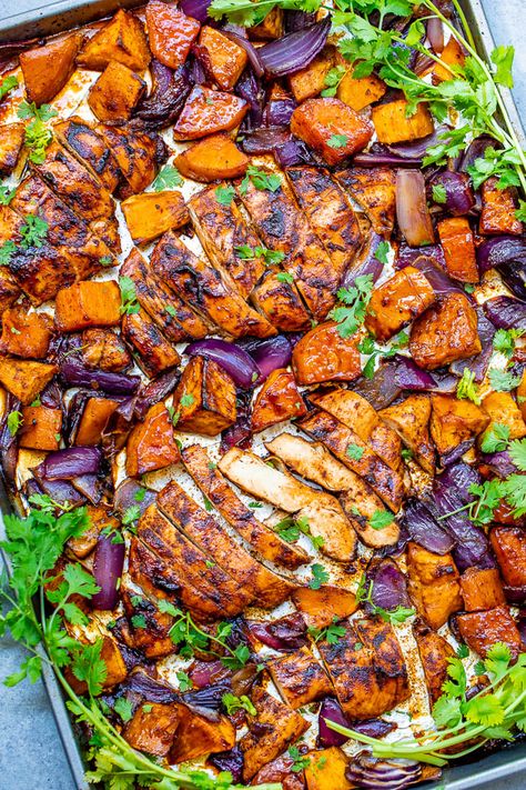 Sheet Pan Brown Sugar Chicken Dinner - Averie Cooks Chicken And Sweet Potatoes, Crispy Chicken Breast, Brown Sugar Chicken, Averie Cooks, Chicken Sweet Potato, Pan Chicken, Chicken Fried Rice, Spice Rub, Oven Baked Chicken