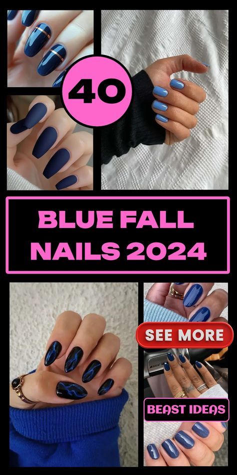 Dark Blue Nails With Design Navy, Navy Acrylic Nail Designs, Blue Fall Nails Designs, Navy Blue Fall Nails, Dark Blue Acrylic Nails, Blue Fall Nails, Fall Nails Designs, Blue Matte Nails, Colors For 2024