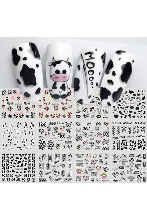 MAIOUSU STORE Nail Art Stickers, 12 Sheets Cute Milk Cartoon Water Transfer Nail Decals Nail Stickers with Assorted Patterns Milk Cow Animal Leopard Heart Design DIY Nail Art Decoration Nail Art Motif, Comic Book Nails, Heart Fire, French Cartoons, Graffiti Pictures, Cow Nails, Abstract Nail Art, Nail Stickers Decals, Cartoon Cow