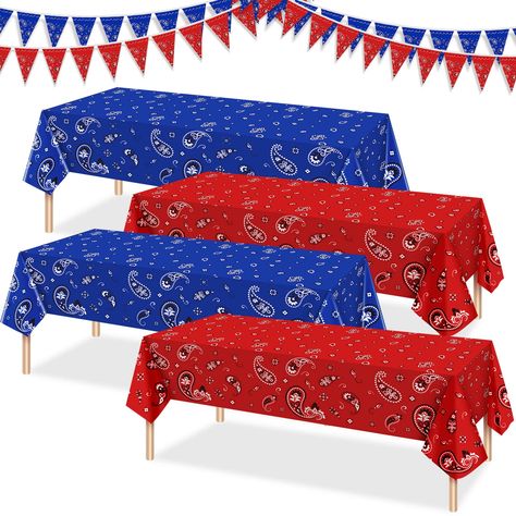 PRICES MAY VARY. Western Cowboy Party Theme Decorations: you will receive 4 pcs western theme party tablecloths and 2 western cowboy party banners, each banner contains 10 pcs pennants, sufficient for your use and replacement needs; Each tablecloth measures 108 x 54 inches and fits both square and rectangular tables; The banner is 9.8 feet long and each triangular flag measures about 7.4 x 10.8 inches; They can be applied repeatedly many times for western themed party decorations or birthday the Rodeo Birthday Party Centerpieces, Nashville Themed Party Decor, Cowboy Table Decor, Cowboy Table Decorations, Bandana Party Decorations, Hootenanny Party, Texas Themed Party, Western Theme Party For Adults, Rodeo Theme Party