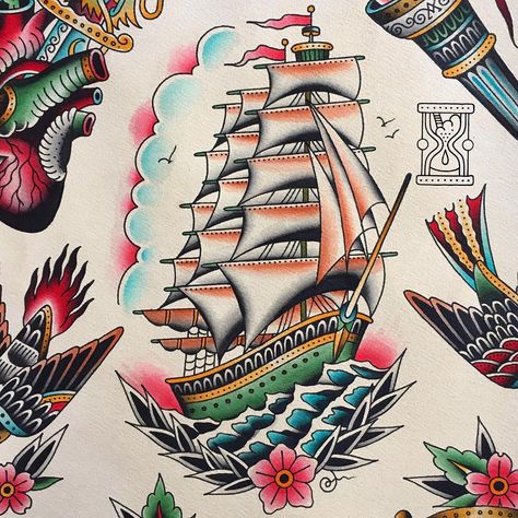 #ship #shiptattoo #tickertattoo #tickerнутые #tattoo #tattoos #tattooed #tattoolife #tattooartist #traditional #tradition #traditionaltattoo #classictattoo #topclasstattooing #besttradtattoos #thebesttattooartists #oldschool #oldschooltattoo #tattooart #colortattoo #oldlines #ink #inked #skinart #spb #spbtattoo #art #flash #tattooflash #tattoodesign Traditional Nautical Tattoo, Traditional Ship Tattoo, Sailboat Tattoo, Boat Tattoo, Traditional Tattoo Old School, Traditional Boats, Traditional Tattoo Sleeve, Illustration Tattoo, Nautical Tattoo