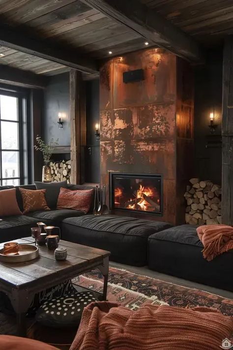 Dark Brown House Interior, Moody House Interiors, Dark Moody Basement, Black And Rust Living Room, Moody Living Room, Saint Maurice, Dark Living Rooms, تصميم داخلي فاخر, Dark Home