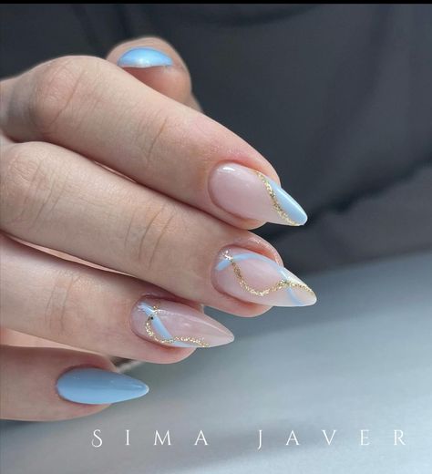 Nails For Light Blue Dress, Light Blue Almond Nails Design, Baby Blue And Gold Nails, Blue Nails Acrylic Almond, Capping Gel Uñas, Light Blue And Silver Nails, Baby Blue Almond Nails, Baby Blue French Tip Nails, Nails Elegant Classy