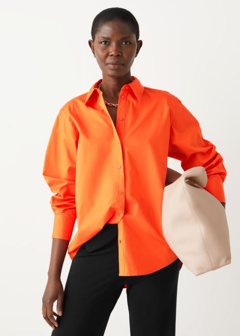 Oversized Shirt - Orange - Shirts - & Other Stories US Slim Fit Trousers, Pocket Shirt, Menswear Inspired, Mini Wrap Dress, Puff Sleeve Top, Fashion Story, Poplin Shirt, Fashion Editor, Cut Jeans