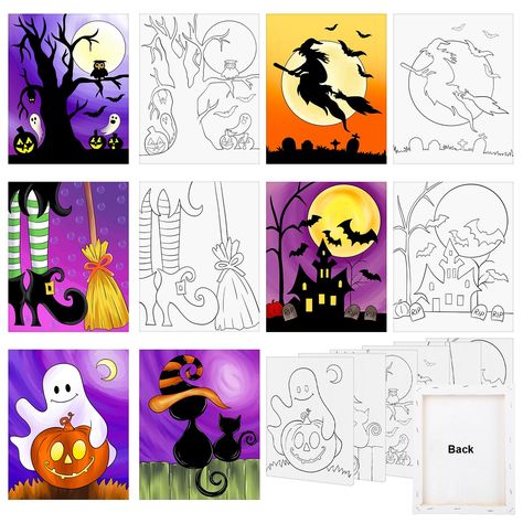 PRICES MAY VARY. Great for Halloween Sip and Paint Party - The package comes with 6 packs of pre-drawn canvas, 6 coloring guides, and 6 sets of uninstalled hooks, you can use your imagination and creativity to complete these canvas paintings. Premium Material - The canvases for painting are made of quality-friendly cotton material, and the frame is made of sturdy and reliable wood, which can be kept for a long time. Suitable Size - The pre-sketched canvases for painting size is 8"x10", they are Halloween Sip And Paint Ideas Party, How To Paint A Ghost On Canvas, Halloween Painting Party, Halloween Witch Painting, Halloween Sip And Paint Ideas, Halloween Paint And Sip, Spray Paint Canvas Art, Seasonal Paintings, Pumpkin Canvas Painting