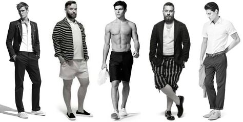 An introductory guide for men who want to know how to dress for their body shape. All male body shapes can be split into five definitive categories: trapezoid, inverted triangle, rectangle, triangle or oval. Understanding how to make the most of your assets and hide problem areas will ensure you look your very best on a daily basis. Men In Shorts, Male Body Shapes, Inverted Triangle Outfits, Dress For Body Shape, Inverted Triangle Body Shape, Rectangle Body Shape, Triangle Body Shape, Latest Clothes For Men, Ideal Body