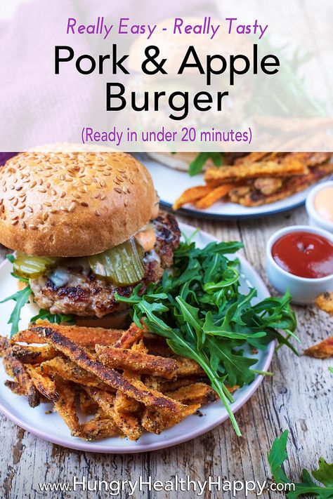 Bbq Pork Burgers, Pork And Apple Burgers, Pork Patties, Easy Homemade Burgers, Homemade Sweet Potato Fries, Homemade Burger Recipe, Pork Recipes For Dinner, Apple Pork, Healthy Burger