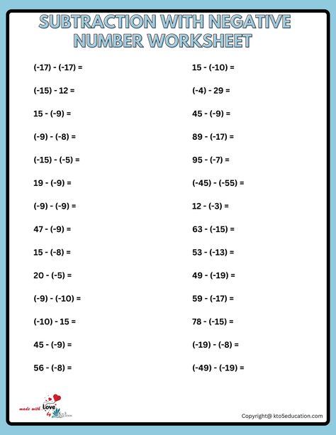 Subtraction With Negative Number Worksheet | FREE Download Check more at https://kto5education.com/subtraction-with-negative-number-worksheet/ Inquiry Based Learning Kindergarten, Subtracting Negative Numbers, Negative Numbers Worksheet, Kids R Us, Learning Kindergarten, Number Worksheet, Numbers Worksheet, Negative Numbers, Basic Math Skills