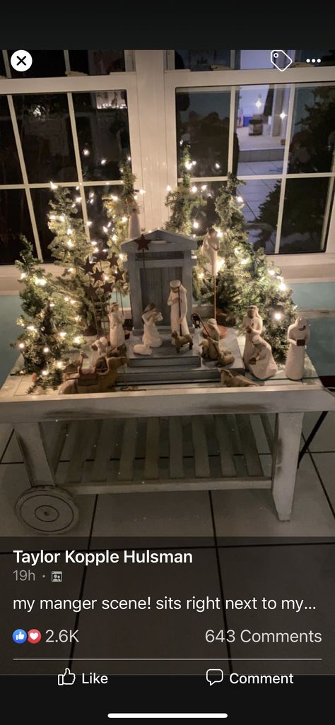 Rustic Nativity Scene Display, Nativity Display Ideas Holidays, Navity Scene Display, Willow Tree Nativity Display, Willow Tree Nativity Display Ideas, Nativity Scene Display Indoor Ideas, Nativity Display Ideas, Nativity Set Display Ideas, Nativity Sets Display