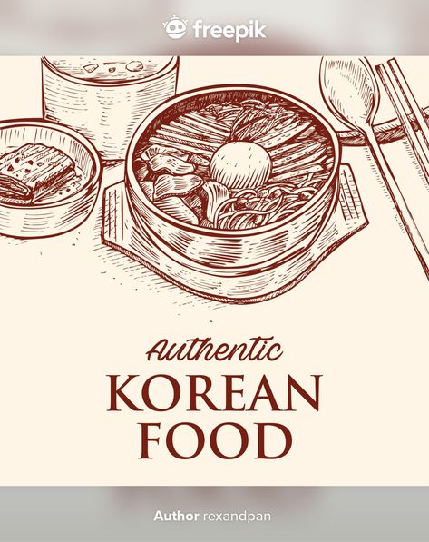 Hand drawn korean food | Premium Vector #Freepik #vector #food #menu #restaurant #art Korean Food Delivery, Kimchi Cabbage, Korean Menu, Korean Meals, Authentic Korean Food, Radish Kimchi, Restaurant Art, Korean Kimchi, Asian Spices