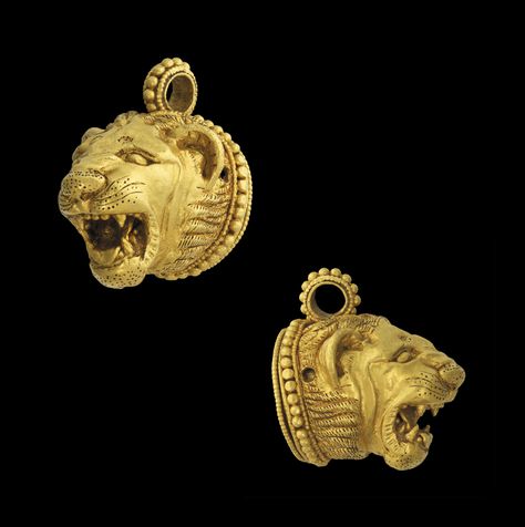 A GREEK GOLD LION HEAD PENDANT | CLASSICAL PERIOD, CIRCA 5TH-4TH CENTURY B.C. | 5th Century B.C., Ancient Art & Antiquities | Christie's Ancient Lion, Ancient Treasure, Greek Jewellery, Lion Tattoo Sleeves, Roman Jewelry, Ancient Greek Art, Classical Period, Lion Ring, Gold Lion