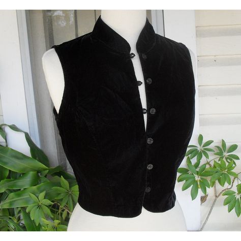 Black Velvet Vest with Mandarin Collar ($25) ❤ liked on Polyvore Black Velvet Vest Outfit, Velvet Vest Women, Velvet Vest Outfit, Unique Vests, Fantasy Vest, Black Velvet Vest, Vest With Collar, Velvet Waistcoat, Button Vest