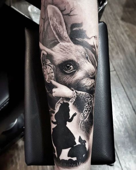 Evil Cheshire Cat Tattoo, Alice In Wonderland Bunny Tattoo, Wonderland Tattoo Sleeve, Alison Wonderland Tattoos, Alice Through The Looking Glass Tattoo, Alice In Wonderland Rabbit Tattoo, Alice Tattoo Wonderland, Alice In Wonderland Tattoo Sleeve Ideas, Alice In Wonderland Sleeve Tattoo