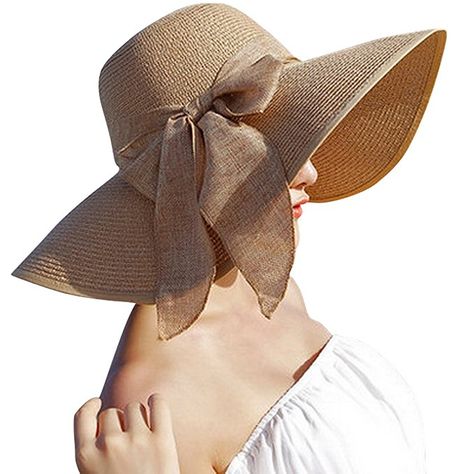 Straw Floppy Foldable Roll up Beach Hat w/ Bowknot (Khaki) / Lanzom Womens Wide Brim Hats, Hot Pink Hat, Summer Hats For Women, Wide Brim Sun Hat, Summer Sun Hat, Sun Cap, Sun Protection Hat, Derby Hats, Beach Hat