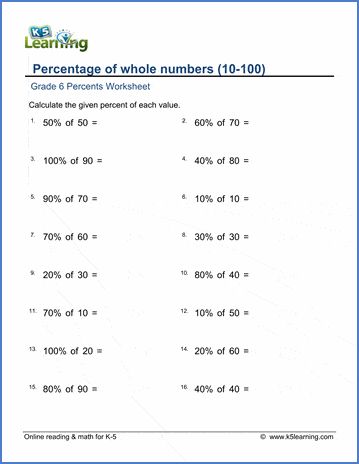 Grade 6 math worksheets on percentage of whole numbers. Free pdf worksheets from K5 Learning's online reading and math program. Whole Numbers Worksheet Grade 6, Percentage Worksheets Grade 5, Percentages Math Worksheets Grade 6, Percentages Math Worksheets, 9th Grade Math Worksheets, Year 7 Maths Worksheets, Percent Of A Number, Grade 6 Math Worksheets, Percentages Math