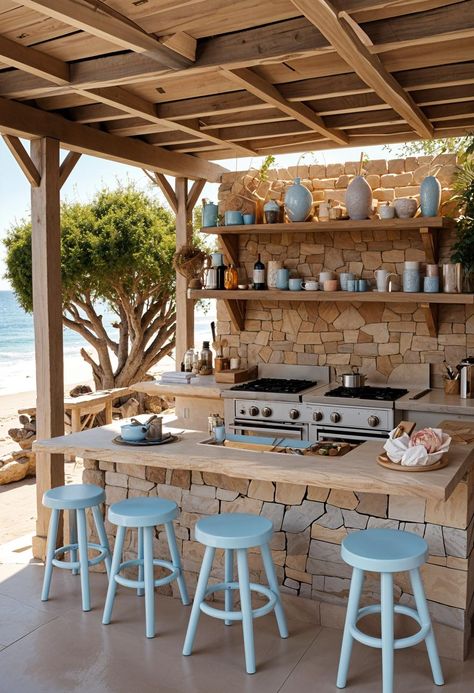 Poolhouse Kitchen, Summer Kitchen Outdoor, Outdoor Kitchen Patio Ideas, Kitchen Patio Ideas, Coastal Backyard, Outdoor Patio Design Ideas, Dream Outdoor Kitchen, Covered Outdoor Kitchens, Bahay Kubo