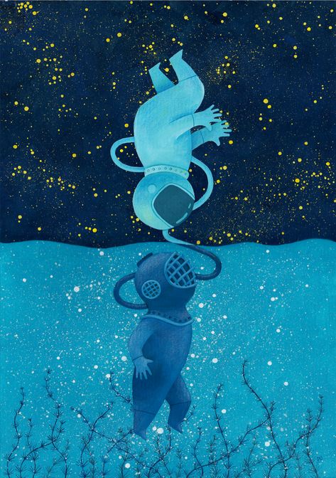 Astronaut Underwater, Deep Ocean Drawing, Deep Ocean Illustration, Space And Ocean Art, Astronaut And Diver, Astronaut In The Ocean, Diver Illustration, Deep Ocean Painting, Deep Ocean Art