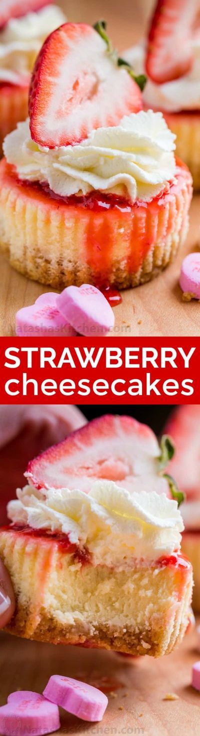 Mini strawberry cheesecakes are easy to make with simple ingredients. The texture in this strawberry cheesecake recipe is is creamy and smooth with a buttery crust. The fresh strawberry topping is irresistible. Valentine’s Day Dessert! | natashaskitchen.c Fresh Strawberry Topping, Strawberry Cheesecakes, Mini Strawberry Cheesecake, Cheesecake Strawberry, Strawberry Cheesecake Recipe, Biscuits Graham, Strawberry Topping, Strawberry Sauce, Soften Cream Cheese