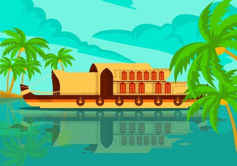 Kerala Houseboat Vector Background Illustration Kerala Boat, Kerala Nature, Indian Illustration, Beautiful Art Paintings, Wall Canvas Painting, Fairytale Illustration, Female Art Painting, Animation Art Character Design, Houseboat