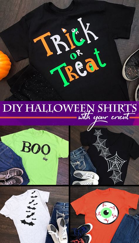 Make your own easy Halloween shirts using designs by Jen Goode and your Cricut. 5 fun not-so-spooky Halloween shirt ideas you can mix and match. Use iron-on vinyl to create shirts everyone will love! Cricut Halloween Tshirt Ideas, Halloween Tshirt Diy, Cricut Halloween Shirt, Halloween Shirt Ideas, Diy Halloween Shirts, Crafting Business, Halloween Shirt Design, Halloween Tee Shirts, Cricut Halloween