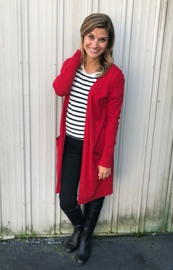 I’m in need of a new show to watch! Any suggestions?! #shopthelook Red Cardigan Outfit, Long Red Cardigan, Show To Watch, Classy Business Outfits, Teacher Clothes, Long Open Cardigan, Petite Sweaters, Over 60 Fashion, Fashion Pics