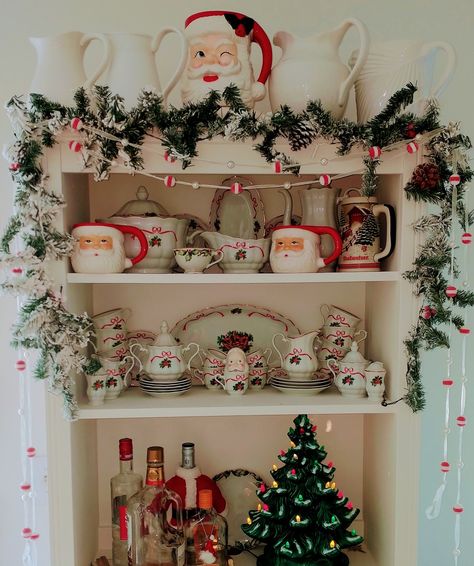 Christmas Corner Hutch, Christmas Decor Dresser, Hutch Christmas Decorating Ideas, 90s Christmas Decor, Retro Christmas Decor Ideas, Christmas Decor Cabinets, Hutch Christmas Decor, Small Kitchen Christmas Decor, Christmas Hutch Decorating Ideas