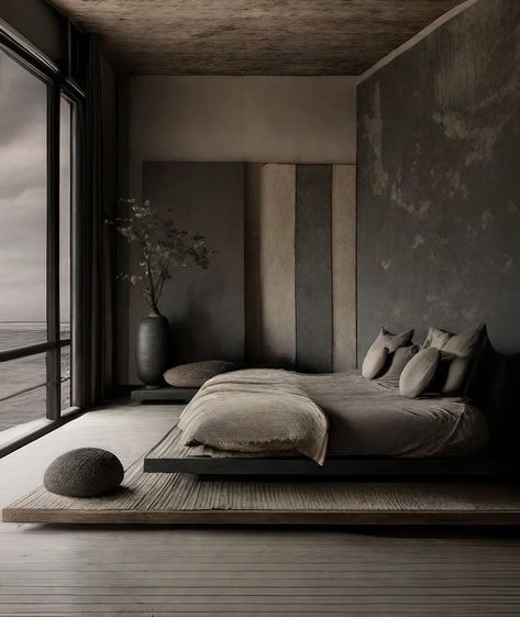 Eclectic Wabi Sabi, Dark Wabi Sabi Interior, Wabi Sabi Bedroom Design, Bedroom Wabi Sabi, Dark Minimalist Bedroom, Wabi Sabi Bedroom, Wabi Sabi House, Bed Inspo, Wabi Sabi Interior