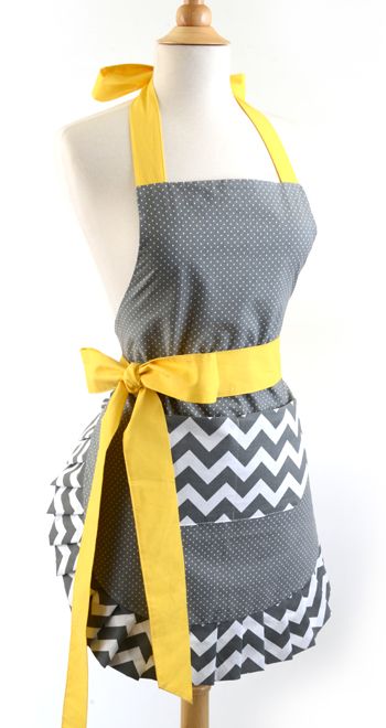 Frilly Apron, Flirty Aprons, Yellow Apron, Pretty Apron, Fashion Apron, Yellow Bow, Yellow Chevron, Retro Apron, Bow Women