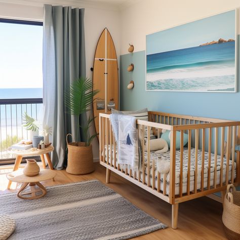 Surfer Themed Nursery, Island Nursery Theme, Surfing Theme Nursery, Gender Neutral Beach Nursery, Surfer Theme Nursery, Beachy Baby Room, Beach Theme Kids Bedroom, Beach Themed Nursery Boy, Beachy Nursery Boy