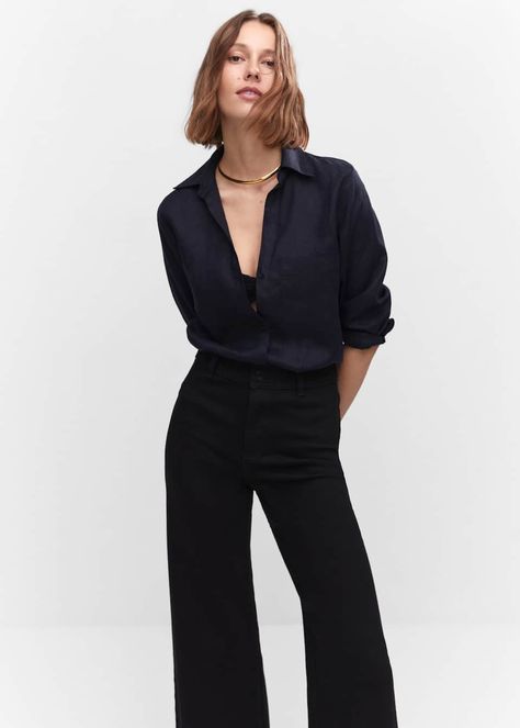 Jeans culotte high waist - Women | Mango United Kingdom Moda Denim, Estilo Denim, Mango Jeans, Mode Jeans, Denim Style, Flared Jeans, High Rise Jeans, Wide Leg Jeans, Denim Fashion