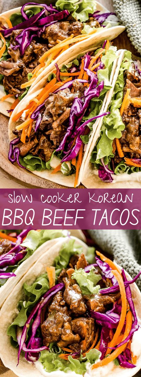 Bbq Beef Tacos, Crockpot Beef Tacos, Diethood Recipes, Korean Beef Tacos, Slow Cooker Korean Beef, Korean Bbq Beef, Bbq Recipe, Freezer Dinners, Slow Cooker Recipes Beef