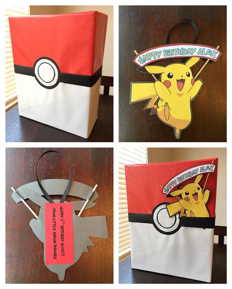 Our friend's son likes Pokémon, so I did themed gift wrap with a handmade card that he could hang up later (without any special tools just scissors, hot glue, a glue stick, wrapping paper, etc). Pokemon Wrapping Ideas, Pokemon Gift Wrapping Ideas, Pokemon Present Ideas, Pokemon Gifts Kids, Stick Wrapping, Pokemon Wrapping Paper, Pokémon Cakes, Pokemon Gift Ideas, Mystery Box Ideas