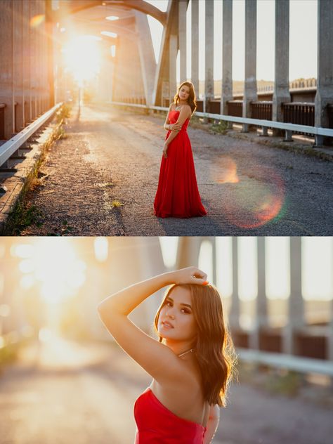 Prom Dress Portraits, Poses For Bridge, Prom Shoot Ideas, Grad Dress Photoshoot, Bridge Poses Photography, Unique Prom Photoshoot Ideas, Ball Gown Poses, Individual Prom Picture Ideas, Prom Photoshoot Ideas Single