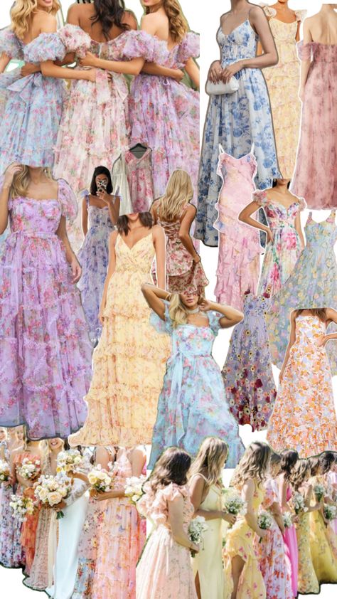 Multicolor floral bridesmaids dresses collage for spring wedding wildflower wedding Floral Bridesmaids, Pastel Wedding Theme, Party Dress Codes, Floral Bridesmaid Dresses, Spring Wedding Guest, Dress Code Wedding, Floral Bridesmaid, Garden Party Dress, Guest Attire