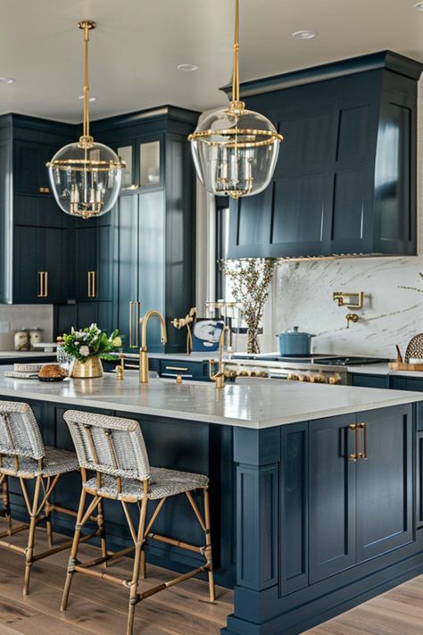 Discover over 50 modern farmhouse kitchen ideas featuring navy blue cabinets, a chic island, and stylish decor. Elevate your kitchen design today! Kitchen Remodel Navy Cabinets, Navy Blue Cabinets With Hard Wood Floors In Kitchen, Navy Kitchen Aesthetic, Modern Kitchen Design Navy Blue, Kitchen Cabinets With Vaulted Ceiling, Kitchen Desin, Dark Blue Kitchen Cabinets Gold Hardware, Blue Modern Kitchen, Modern Gold Kitchen