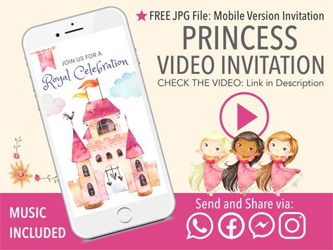 This Princess Birthday Invitation for girls is magical: the video invitation along with the free jpg mobile version, are the perfect way to announce your royal party ♥ Watch the sample video on YouTube: https://www.youtube.com/watch?v=Azxs9v2UEpU HOW IT WORKS: 1. Add item to your cart and fill up the personalization field. 2. I will send the proof of your invite within the next 24 hrs after your purchase. 3. Once you have approved the proof, I'll process your video invitation and it will be sent Baptism Party Decorations, Princess Invitation, Birthday Video Invitation, Princess Birthday Invitations, Royal Party, Baptism Decorations, Princess Invitations, Animated Invitations, Birthday Video