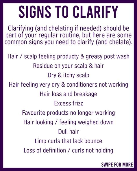 YOUR GUIDE TO CLARIFYING (AND CHELATING) ⬇️⁣ ⁣ Lack of clarifying or not clarifying with the correct product is probably the number one cause of curl issues I see in my DMs.⁣ ⁣ So this post will tell you:⁣ - what clarifying / chelating are⁣ - why clarifying / chelating are important⁣ - signs you need to clarify / chelate⁣ - how to clarify / chelate⁣ - faqs about clarifying / chelating⁣ - product recommendations⁣ ⁣ HOW OFTEN DO I CLARIFY?⁣ Normally around every two weeks, but it can be more or... Curl Journey, Curl Tips, Clarify Hair, Dry Conditioner, Dry Itchy Scalp, Detox Shampoo, Coloured Hair, Itchy Scalp, Dull Hair