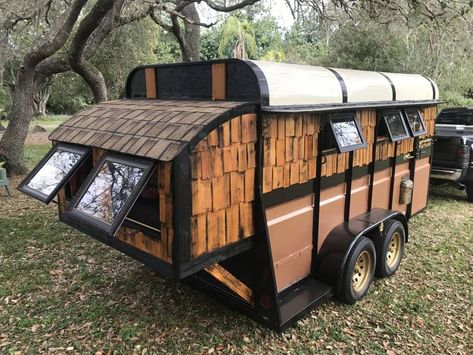 Horse trailer transformed into maximalist tiny home | TreeHugger Horse Trailer Camper, Victorian Train, Soft Seating Area, Camper For Sale, Sleeping Nook, Trailer Decor, Industrial Stool, Queen Size Platform Bed, Steel Roofing