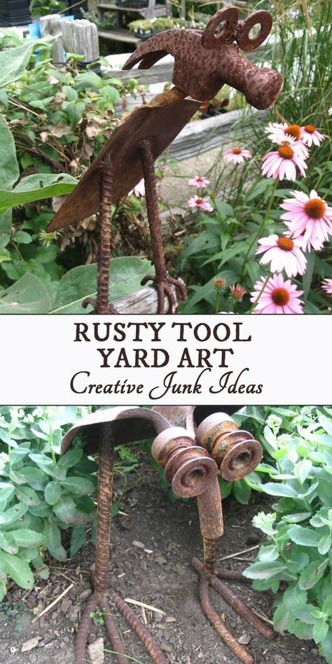 This yard art made from old tools shows many ways to turn rusty old tools into art. Look for hammers, shovels, wrenches, and hardware including metal washers, crowbars, rakes, and more. Yard Art From Junk Repurposing Old Tools, Sheet Metal Yard Art, Metal Lawn Art, Old Tools Repurposed Junk Art, Diy Metal Yard Art, Old Shovels Ideas Yard Art, Metal Garden Art Diy, Scrap Metal Yard Art, Shovel Art