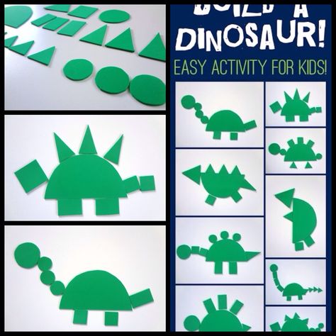 Build a dinosaur from shapes, courtesy of  www.littlefamilyfun.com. Build A Dinosaur, Family Literacy Night, Dinosaurs Preschool, Family Literacy, Dinosaur Pictures, Shape Templates, Dinosaur Activities, Family Reading, Shape Matching