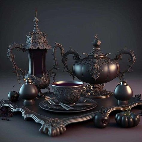 Kitchen Gothic, Dark House Aesthetic, Fantasy Rings, Goth Kitchen, Gothic Kitchen, Antique Tea Sets, Silver Tea Set, Victorian Kitchen, Dark House