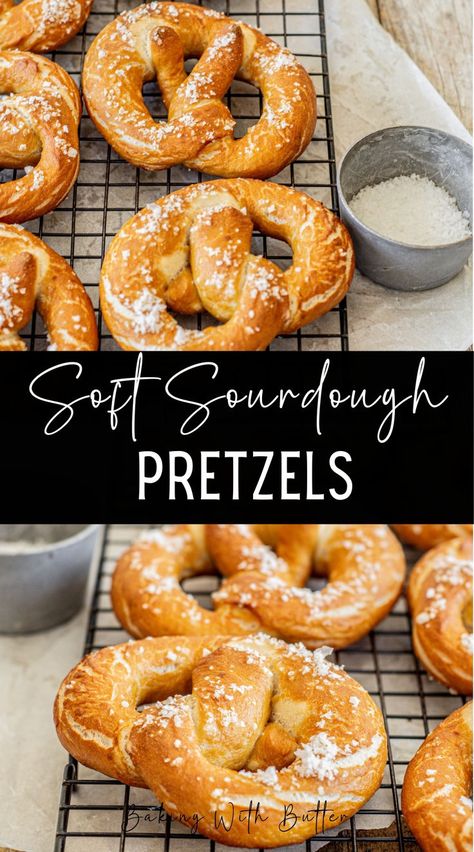 Soft sourdough pretzels are delicious and fun. They are soft and chewy with a shiny golden surface and coarse salt topping. Soft sourdough pretzels are known for their toothsome chew. They are bigger than the snack-sized hard pretzels found at the store. The shape and the sprinkle of coarse salt on top of soft pretzels are the same though. What Should My Sourdough Starter Look Like, Sour Dough Pretzels Recipe, Fall Sour Dough Recipes, Soft Sourdough Pretzels, Sour Dough Discard Pretzels, Recipe With Sourdough Starter, Homemade Sourdough Pretzels, Easy Recipes With Sourdough Starter, Sourdough Discard Pretzel Recipe