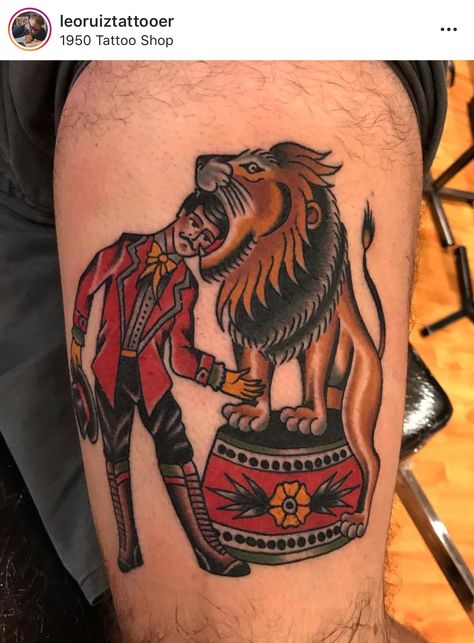 Carnival Traditional Tattoo, Lion Tamer Tattoo, Trad Circus Tattoo, Traditional Carnival Tattoo, Circus Themed Tattoo, Traditional Circus Tattoo, Circus Tent Tattoo, American Traditional Lion, Circus Tattoos