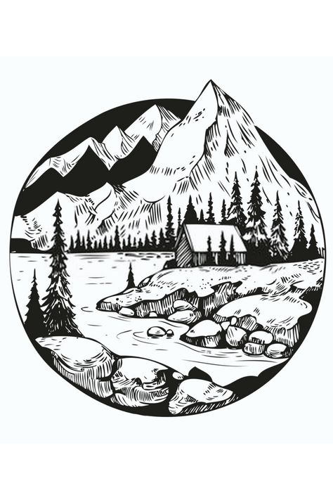 Woodburn Landscape, Drawing Ideas Outdoors, Outdoor Drawings Nature, Mountain Scape Drawing, Nature Themed Drawings, Nature Drawing Ideas Landscapes, Wood Burning Landscape, How To Draw A River, Pyrography Landscape